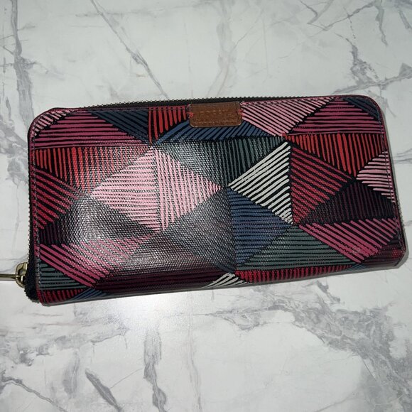 Fossil Zip Around Wallet Multi Pattern Pink Red Blue - Picture 1 of 4